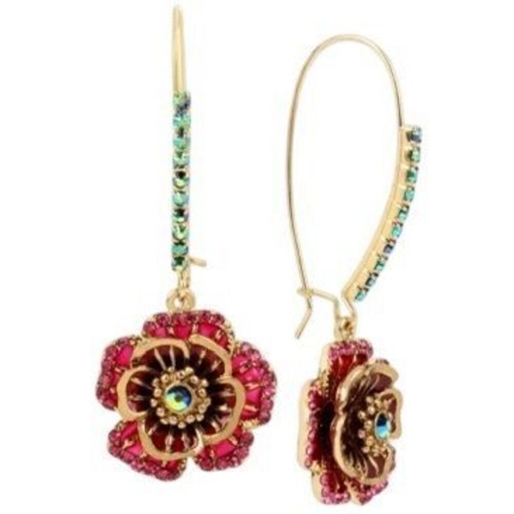 Betsey Johnson Gold-Tone Multi-Crystal Flower Drop Earrings